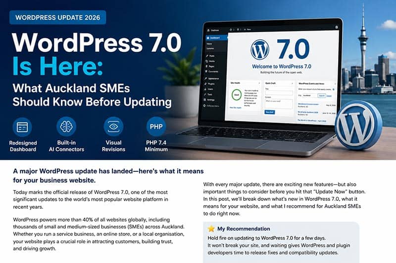 WordPress 7.0 update graphic for Auckland SMEs featuring AI tools, visual revisions, PHP 7.4 support, and modern dashboard